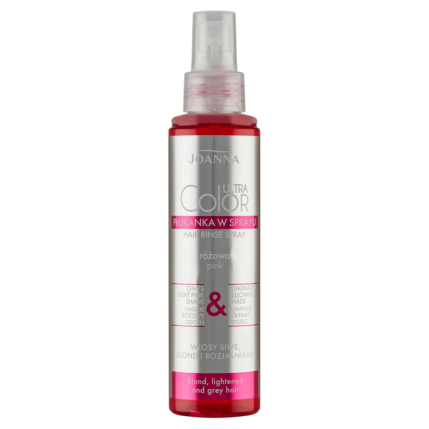 Joanna Ultra Color - Acondicionador color rosa para cabellos rubios y claros - Rosa pastel - Brillo natural - Elimina el tinte amarillo del cabello rubio grisáceo - Efecto temporal - 150 ml Naty Shop Tinte para el cabello en spray con tonos rubios rosados 150 Ml (1 pack)