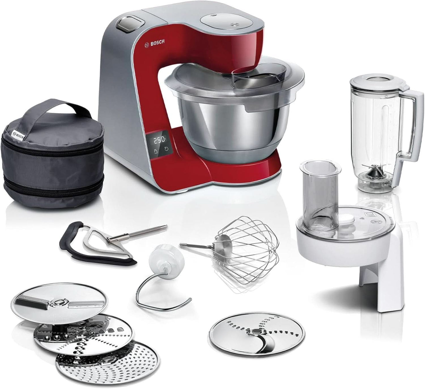 Robot de cocina Bosch Serie 4 MUM5X720, báscula integrada, bol de acero inoxidable 3,9L, batidora 1,25L, 1000W Accesorios Alimentación y Lactancia Baby Naty Shop Individual Rojo oscuro/plata 2 accesorios