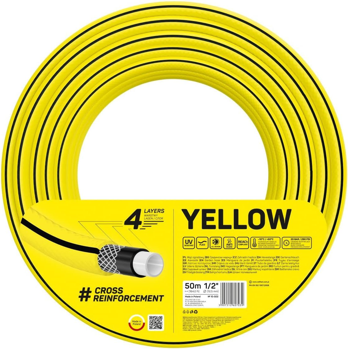 Manguera de jardín Cellfast AMARILLO, ligera, duradera, 4 capas, trenza cruzada duradera, resistente a los rayos UV y a las algas, resistente a la torsión, tecnología REACH, 20 bar, -10/+50°C, cierre: 1/2", 50m