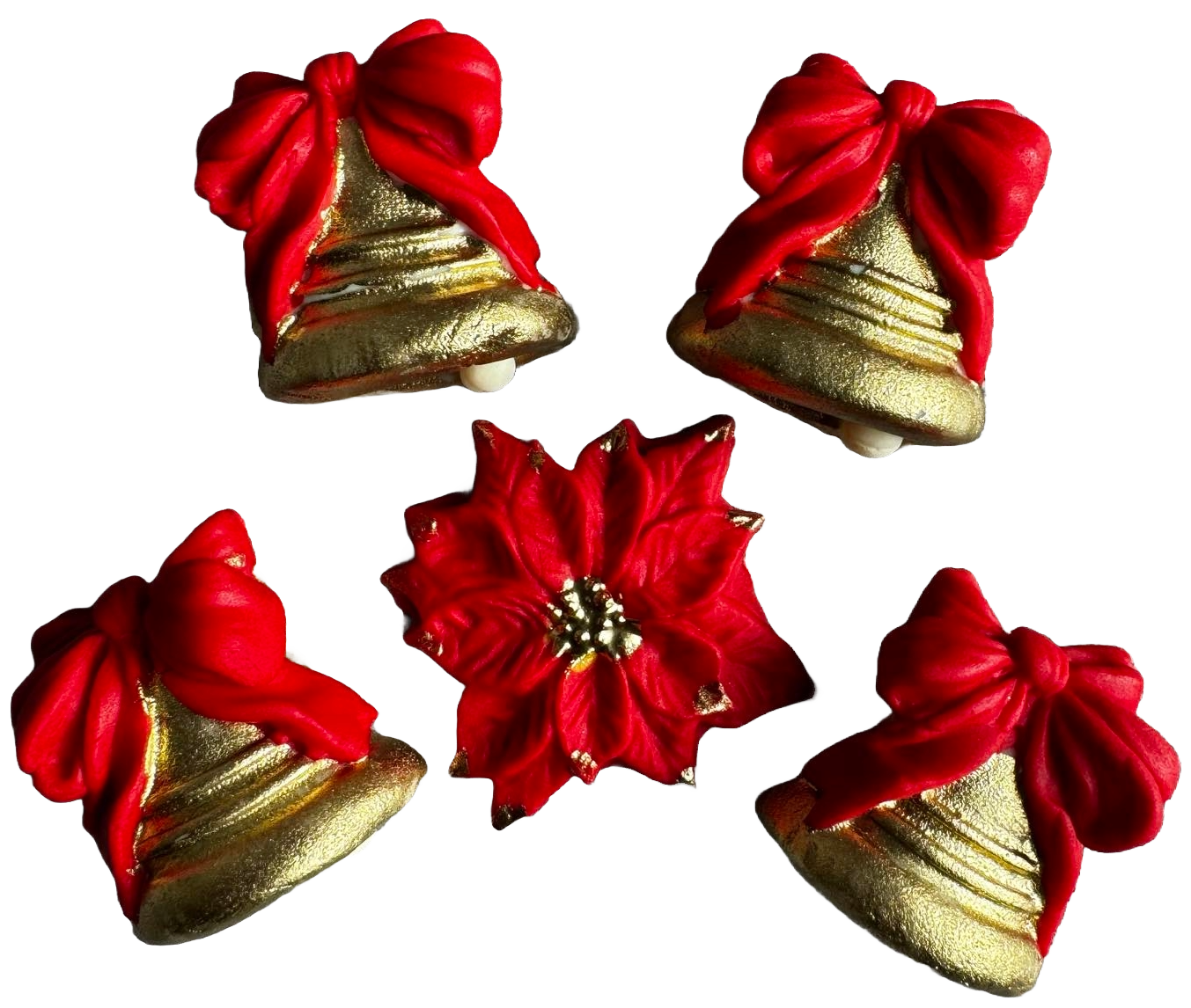 Set de 5 adornos comestibles de pasta de azúcar, Navidad, campanas con lazos rojos Decoraciones de pasta de azúcar Naty Shop