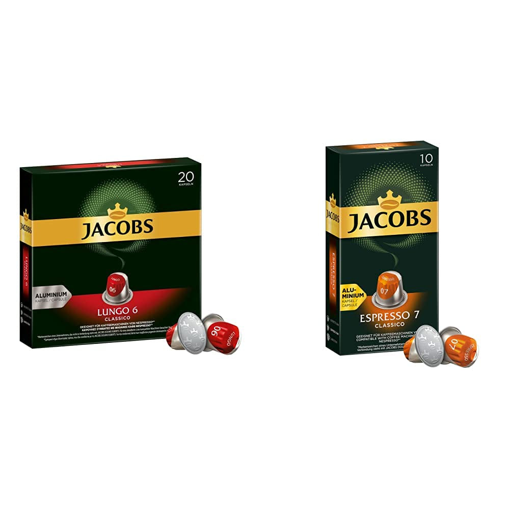 Kaffeekapseln Lungo Classico, Intensität 6 de 12, 20 Nespresso®* compatible Kapseln, 10 x 20 & Kapseln Espresso Classico, Intensität 7,100 Nespresso®* compatible Kaffeekapseln, 10x10 Getränke