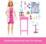 Muñeca científica Barbie y accesorios con moderna muñeca rubia, mesa de laboratorio, microscopio, vaso que cambia de color y placa de Petri, JCR70