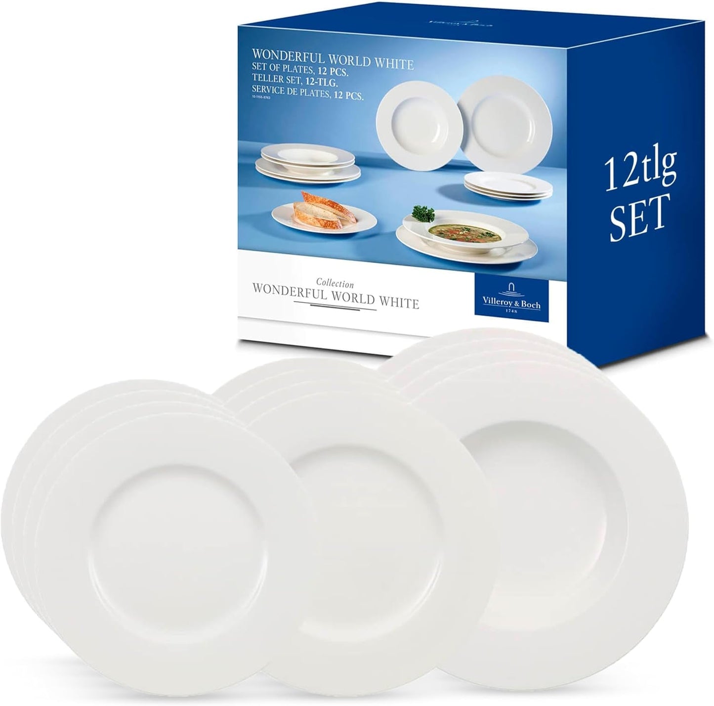 Villeroy & Boch Wonderful World Vajilla de 12 piezas, Apta para lavavajillas y microondas, Blanco, Platos, Vajilla, Porcelana, Platos llanos, Set, Vajilla moderna, Porcelana Premium