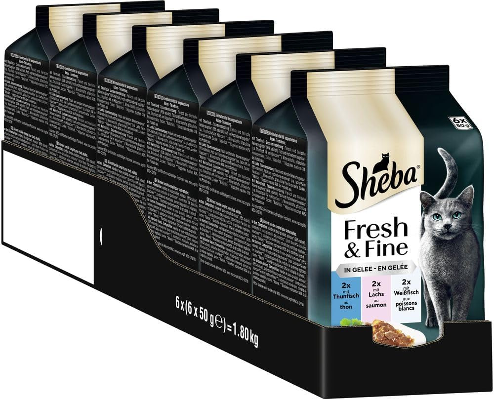 Sheba Portion Bolsas Comida húmeda para gatos, Multipack Fresh & Fine en gelatina con atún MSC y salmón, 6x6x50g - Comidas saludables para gatos con gelatina