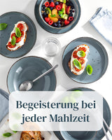 Steingut Geschirrset 12 Personen Rústico 36 tlg. TESTSIEGER, Hochwertiges Landhaussttil Steingut Geschirr Set, Schüssel- und Teller Set, Tafelservice 12 Personen, Geschirrsets Pure Living in Rauchblau