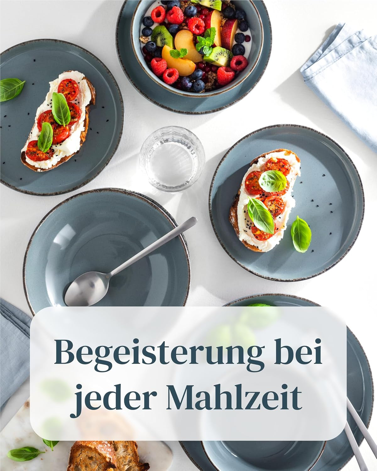 Steingut Geschirrset 12 Personen Rústico 36 tlg. TESTSIEGER, Hochwertiges Landhaussttil Steingut Geschirr Set, Schüssel- und Teller Set, Tafelservice 12 Personen, Geschirrsets Pure Living in Rauchblau