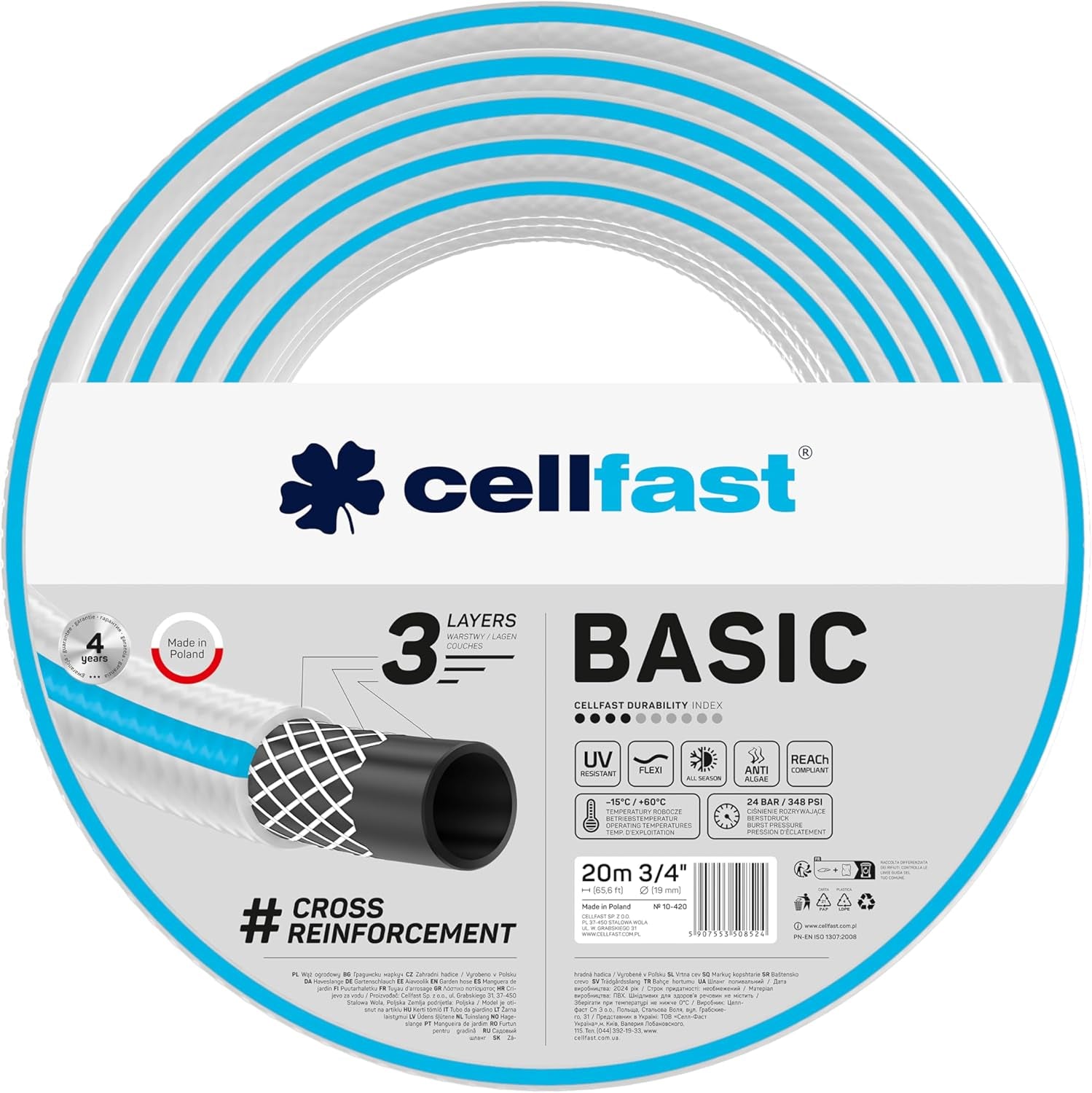 CELLFAST Manguera de jardín, Manguera de agua de jardín de 3 capas, Reforzada con alambre duradero, Manguera de riego flexible, Resistente a los rayos UV, Antialgas, 3,4 pulgadas, 20 metros de longitud