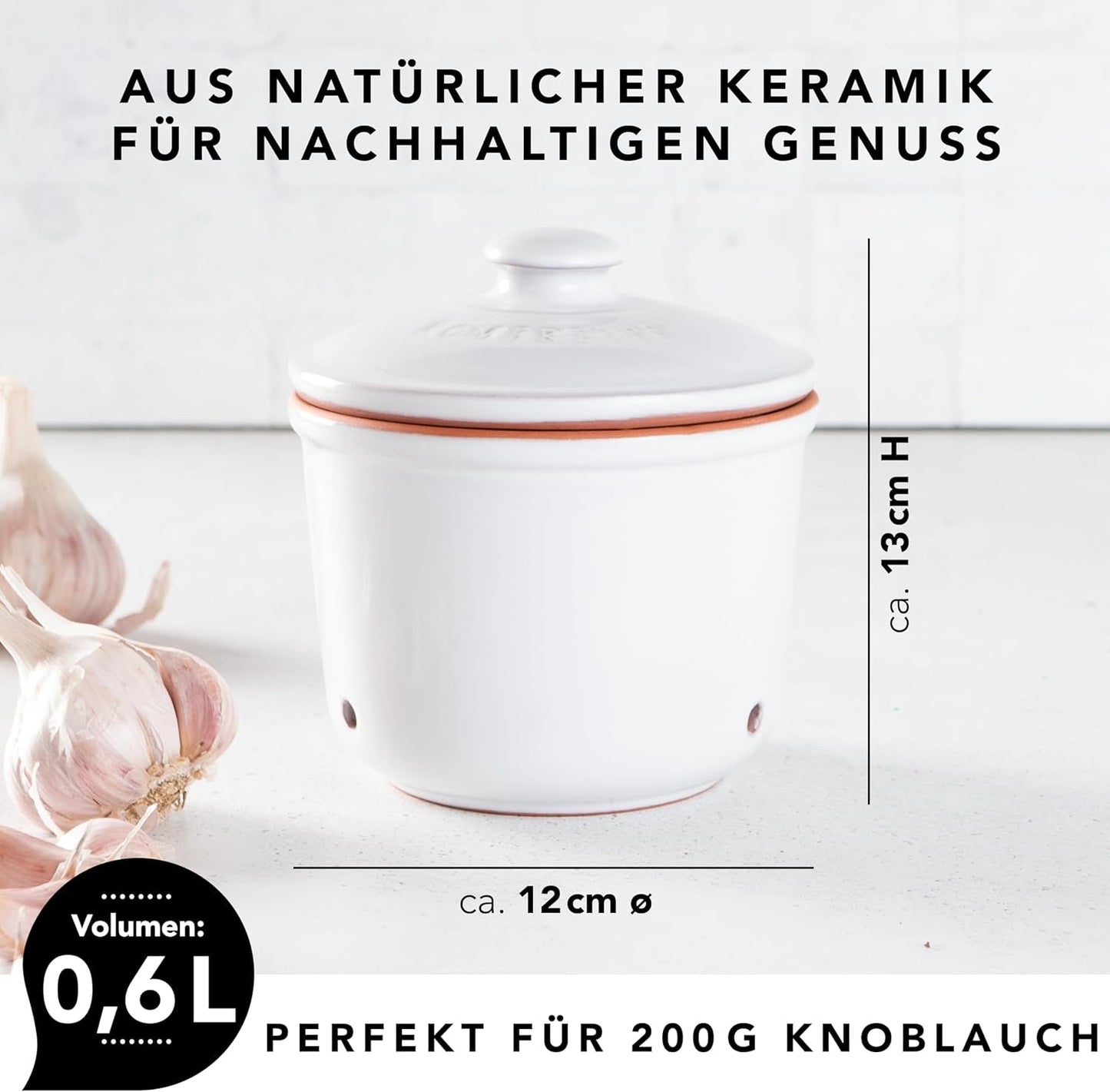 Römertopf Fresh Pot MINI 0,6 litros - Olla de cerámica para ajos - La arcilla transpirable mantiene las verduras frescas durante más tiempo - Circulación de aire ideal - Cajas de almacenamiento de alimentos blancas Naty Shop