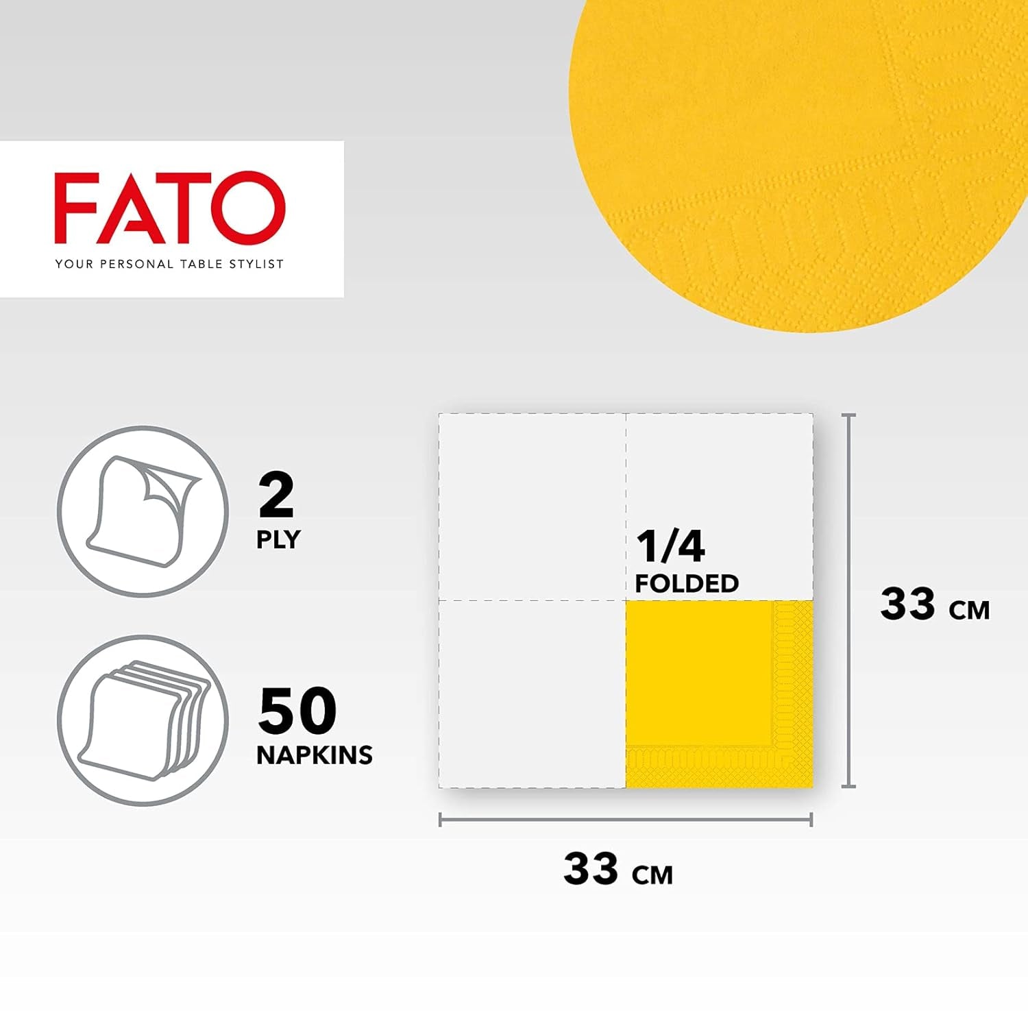 , Servilletas de papel desechables, ideales para almuerzos informales y buffets, paquete de 50 servilletas, tamaño 33X33, 4 pliegues, 2 capas, amarillo, papel de celulosa 100% puro, certificado Fsc