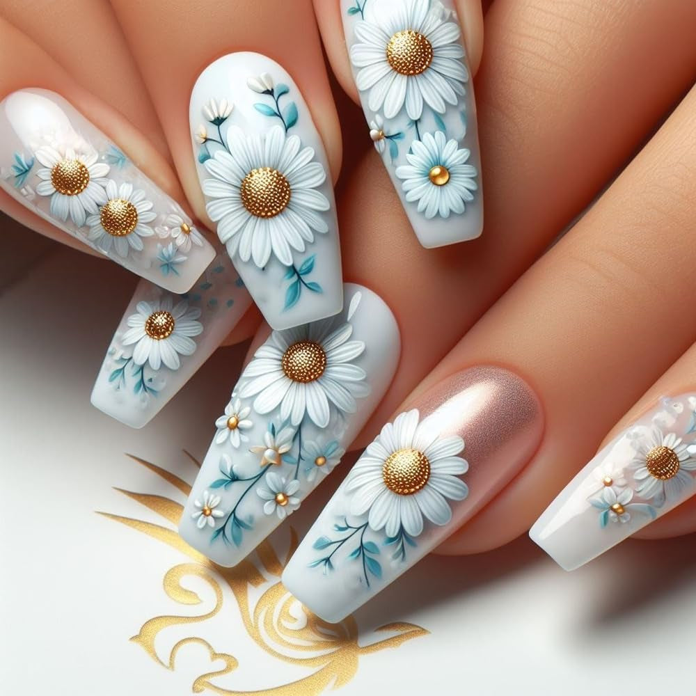 24 piezas de prensa larga en las uñas ataúd uñas artificiales mariposa flor uñas adhesivas blanco marrón acrílico juego de uñas puntas de uñas mujeres primavera verano accesorios de uñas