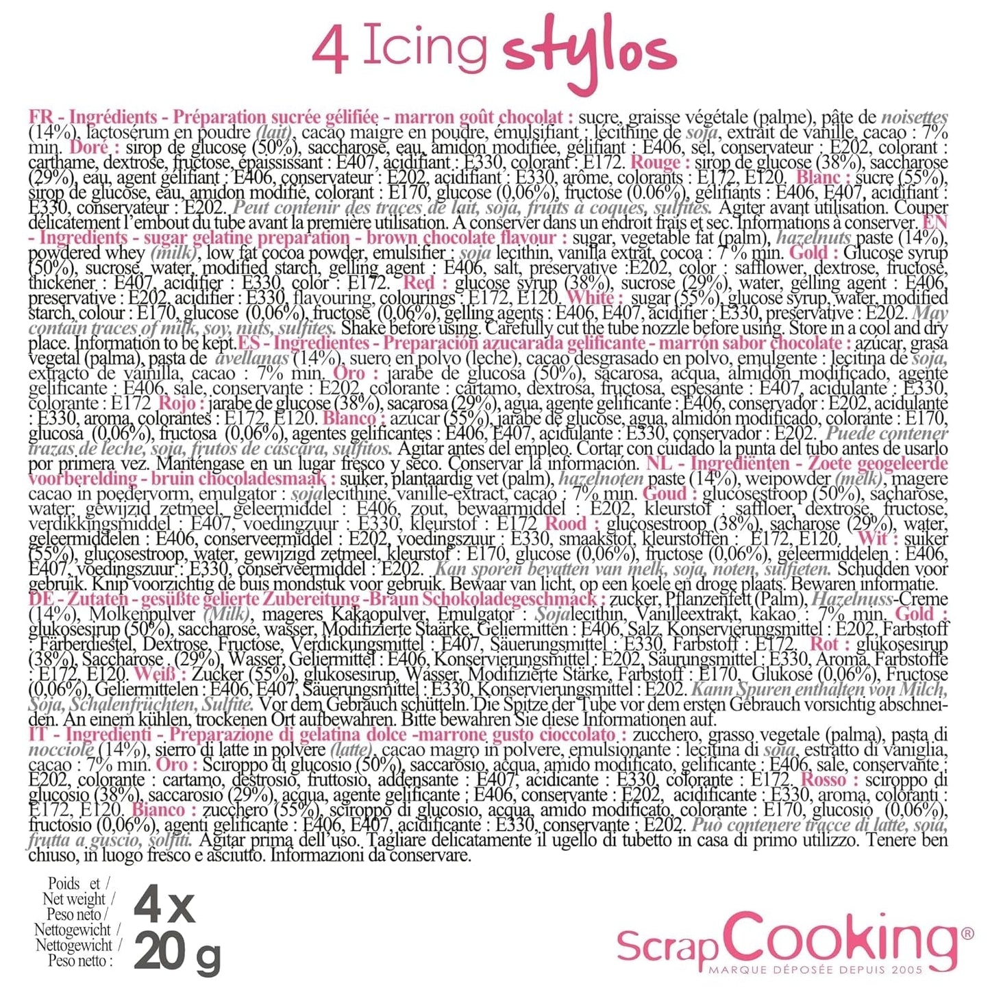 Scrapcooking - Rotuladores de 4 piezas: dorado, chocolate, blanco y rojo - Bolígrafos decorativos comestibles para escribir y dibujar en postres, pasteles y galletas