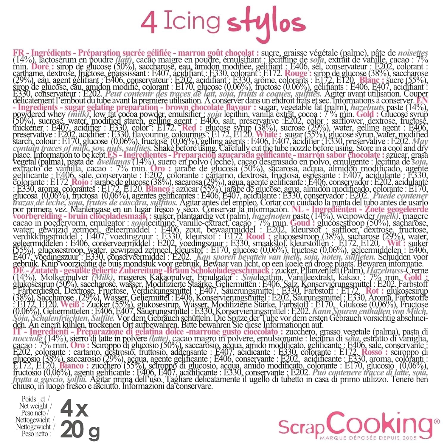 Scrapcooking - Rotuladores de 4 piezas: dorado, chocolate, blanco y rojo - Bolígrafos decorativos comestibles para escribir y dibujar en postres, pasteles y galletas