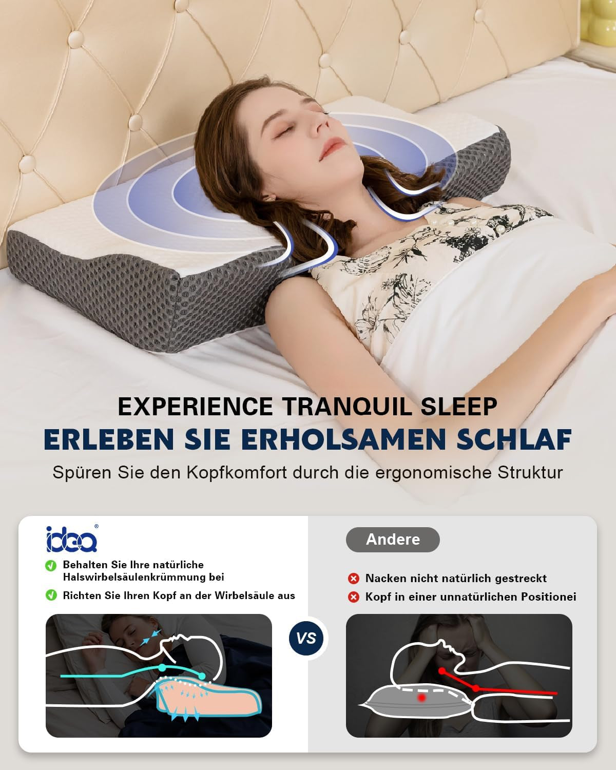 IDEA Almohada, Almohada Ortopédica Ergonómica para Dolor de Cuello, Almohada Viscoelástica para Dormir de Lado, Espalda y Abdominal, Almohada Antironquidos para Hombres Mujeres (62*34.5*12/8CM) Almohadas Ortopédicas Cervicales Naty Shop