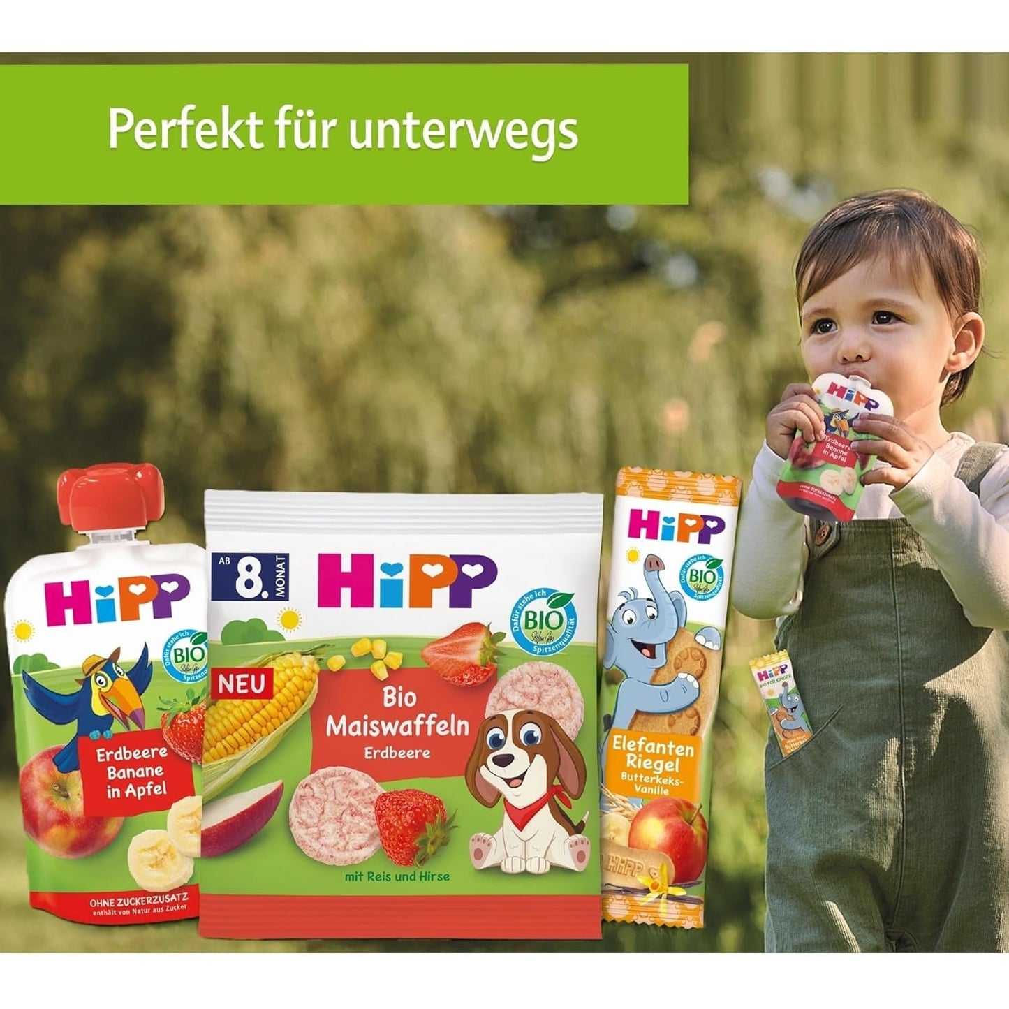 HiPP Organic Fruit Plus sobres con granada y acerola en una mezcla de manzana y frambuesa - Ben Beagle (8 x 100g), a partir de 1 año, 100% puré de frutas, sin azúcares añadidos, vegano, la mejor calidad biológica