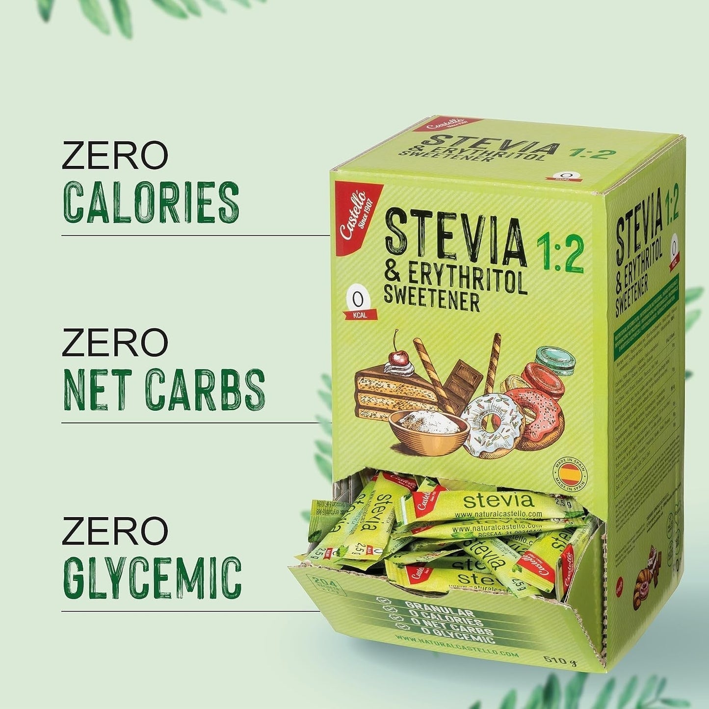 Stevia + Eritritol 1:2 Süßstoff | 204 Bolsa Mito 2.5 G | 100% Natürlicher Zuckerersatz - 0 Kalorien - 0 Glykämischer Index - Keto Und Paleo - 0 Kohlenhidrato - Kein GVO - Castello since 1907-510 G Edulcorantes Naty Shop