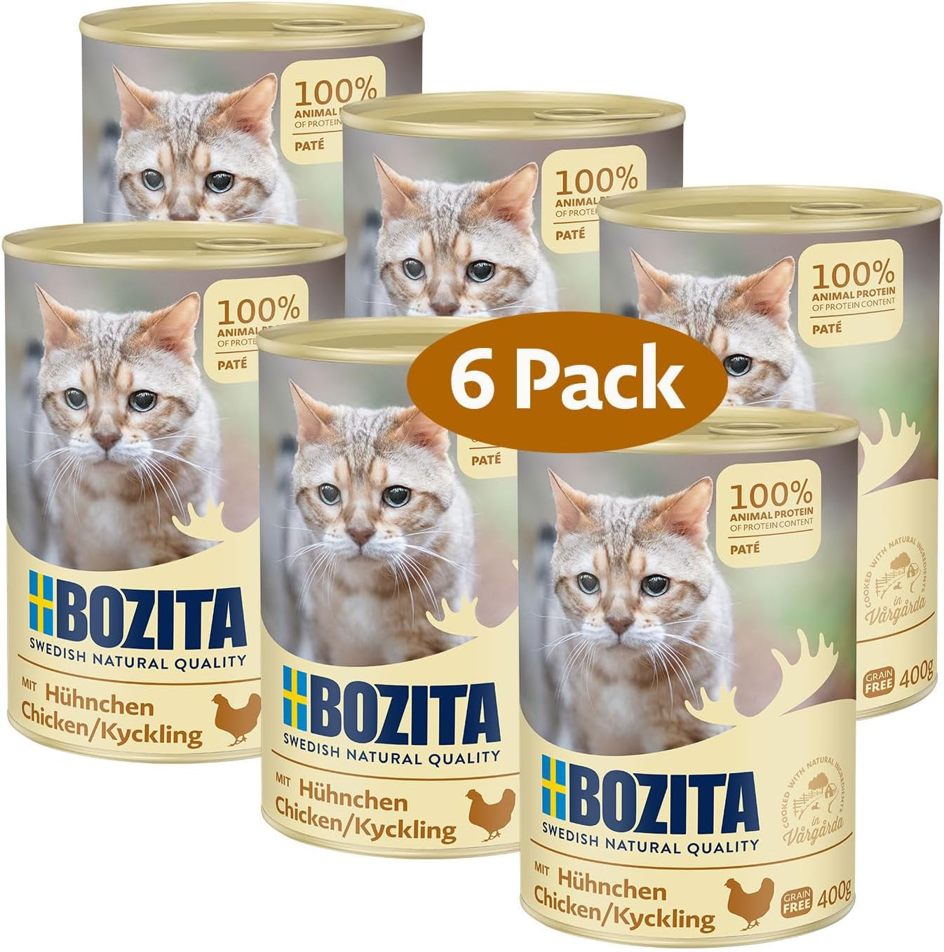 Bozita paté de pollo sin cereales - 6 x 400 g comida húmeda para gatos y gatitos. Alimento completo con 9,5% de proteínas y 5% de grasas, elaborado con ingredientes naturales de alta calidad, sin cereales - de Suecia
