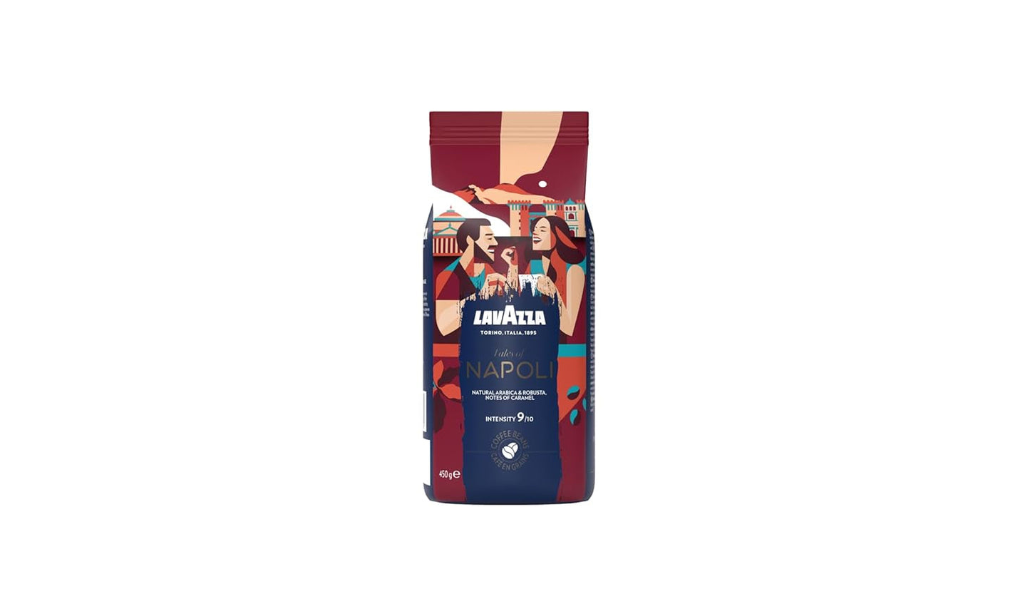 Lavazza, Tales of Napoli, café en grano, ideal para máquinas de espresso, con notas aromáticas de cacao y caramelo, Arábica y Robusta, intensidad 9/10, tueste intenso, 450 g