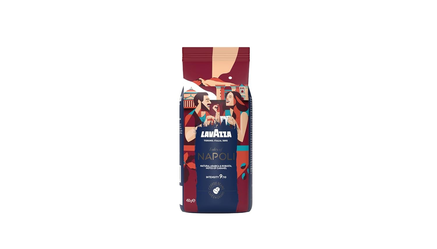 Lavazza, Tales of Napoli, café en grano, ideal para máquinas de espresso, con notas aromáticas de cacao y caramelo, Arábica y Robusta, intensidad 9/10, tueste intenso, 450 g
