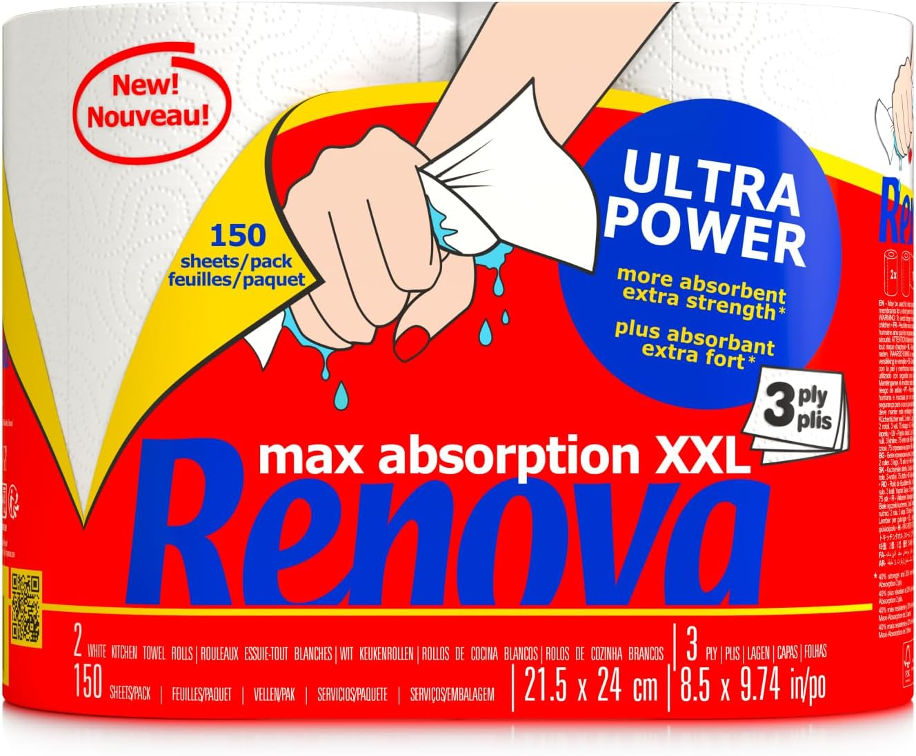 Rollos de cocina Renova Renova Ultrapower | 24 rollos XXL = 60 rollos estándar | 3 capas ultraabsorbentes y de máxima resistencia | papel certificado fsc