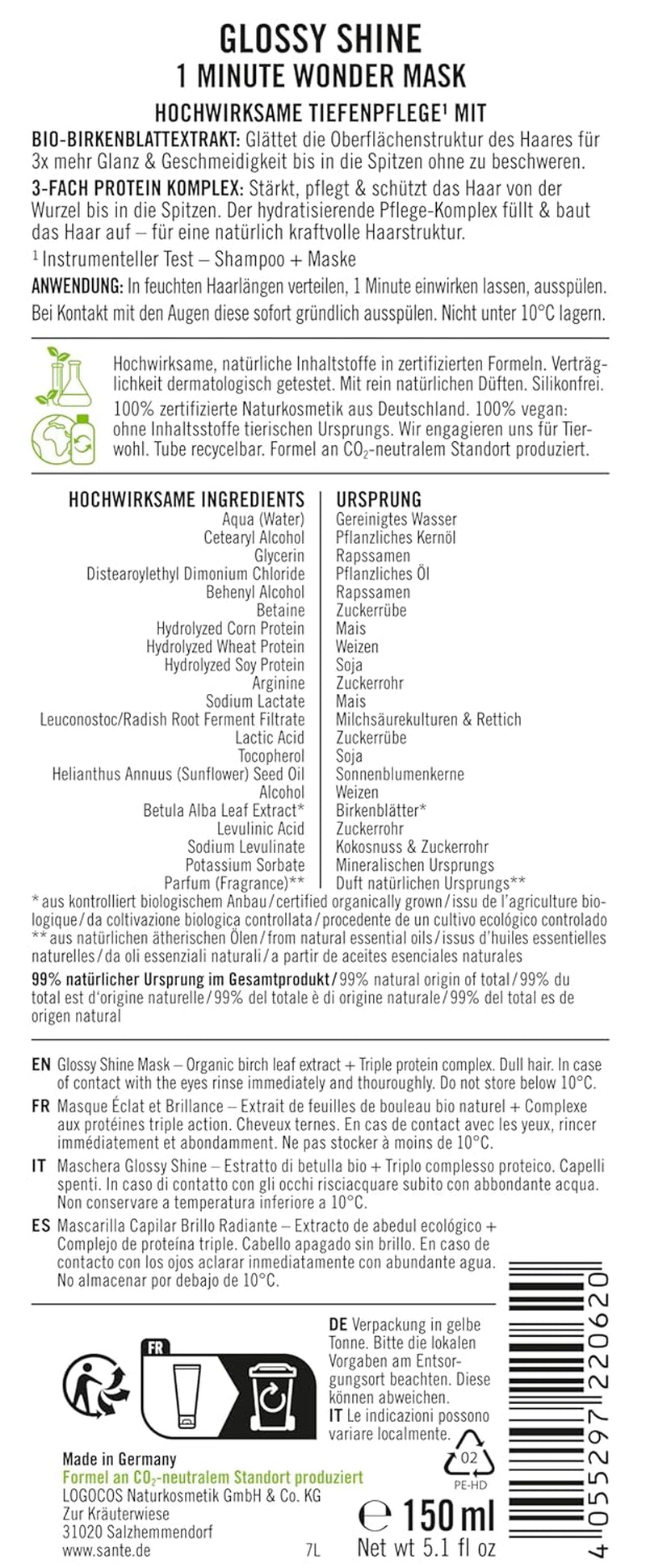 SANTE Naturkosmetik Glossy Shine Mask extracto de hoja de abedul orgánico + 3x complejo de proteínas, mascarilla capilar hidratante y sin silicona, cuidado del cabello vegano para más brillo y flexibilidad, 150 ml Naty Shop Hair Mask