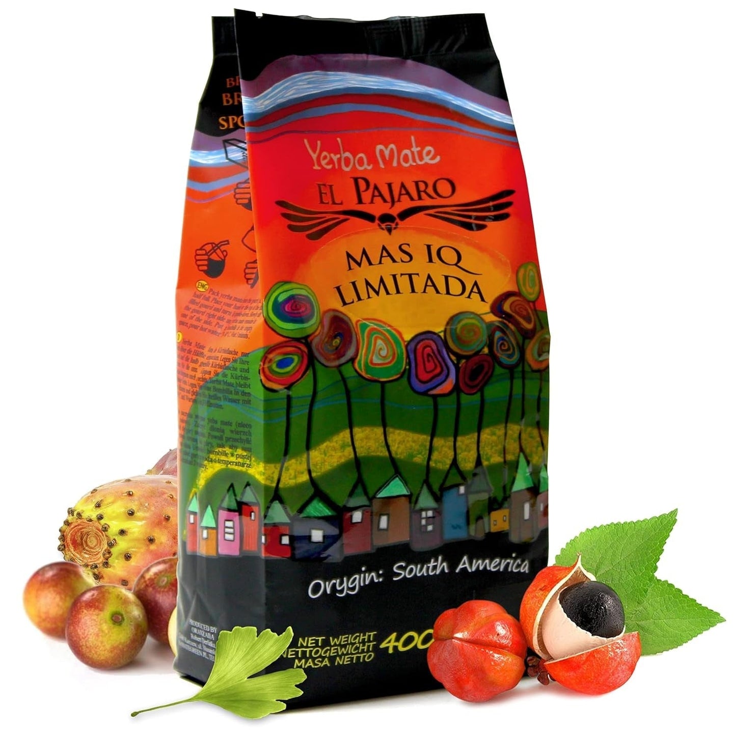 El Pájaro Mas IQ Limited 400 g | Mate fuerte paraguayo | Con hojas, ramitas y polvo | Con ginkgo biloba, guaraná, camu camu, bacopa monnieri, cactus