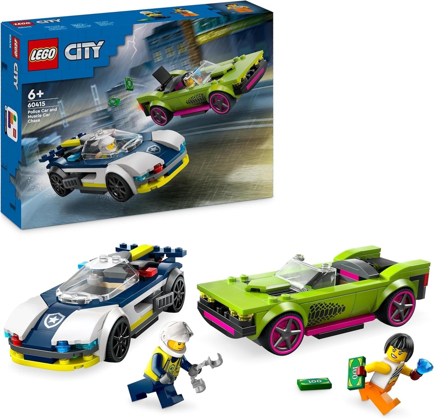 LEGO City Car Chase con coche de policía y Muscle Car, tren de juguete con 2 coches de carreras, regalo de policía para niños, niños y niñas a partir de 6 años, set de policía y minifigura Ganovin 60415 Juegos de construcción Besuche den LEGO-Store Single