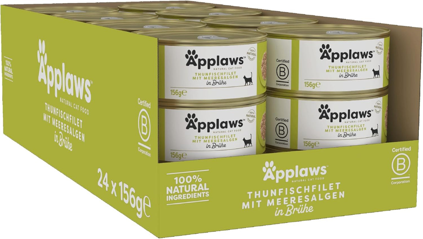 Applaws 100% natural Premium Nassfutter para Katzen, Thunfischfilet mit Algen in Brühe - Paquete con 24 dosis de 156 g