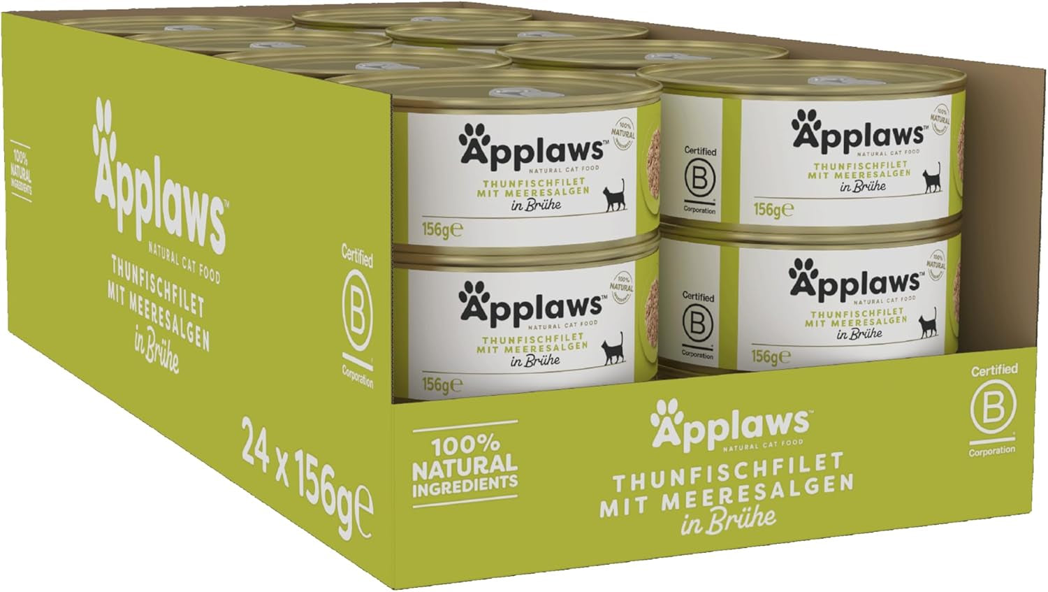 Applaws 100% natural Premium Nassfutter para Katzen, Thunfischfilet mit Algen in Brühe - Paquete con 24 dosis de 156 g