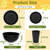 Vajilla para acampar Juego de vajilla de plástico reutilizable, liviano, para 8 personas, 32 piezas, incluye tazones, platos, tazas, vajilla de picnic irrompible de plástico ecológico