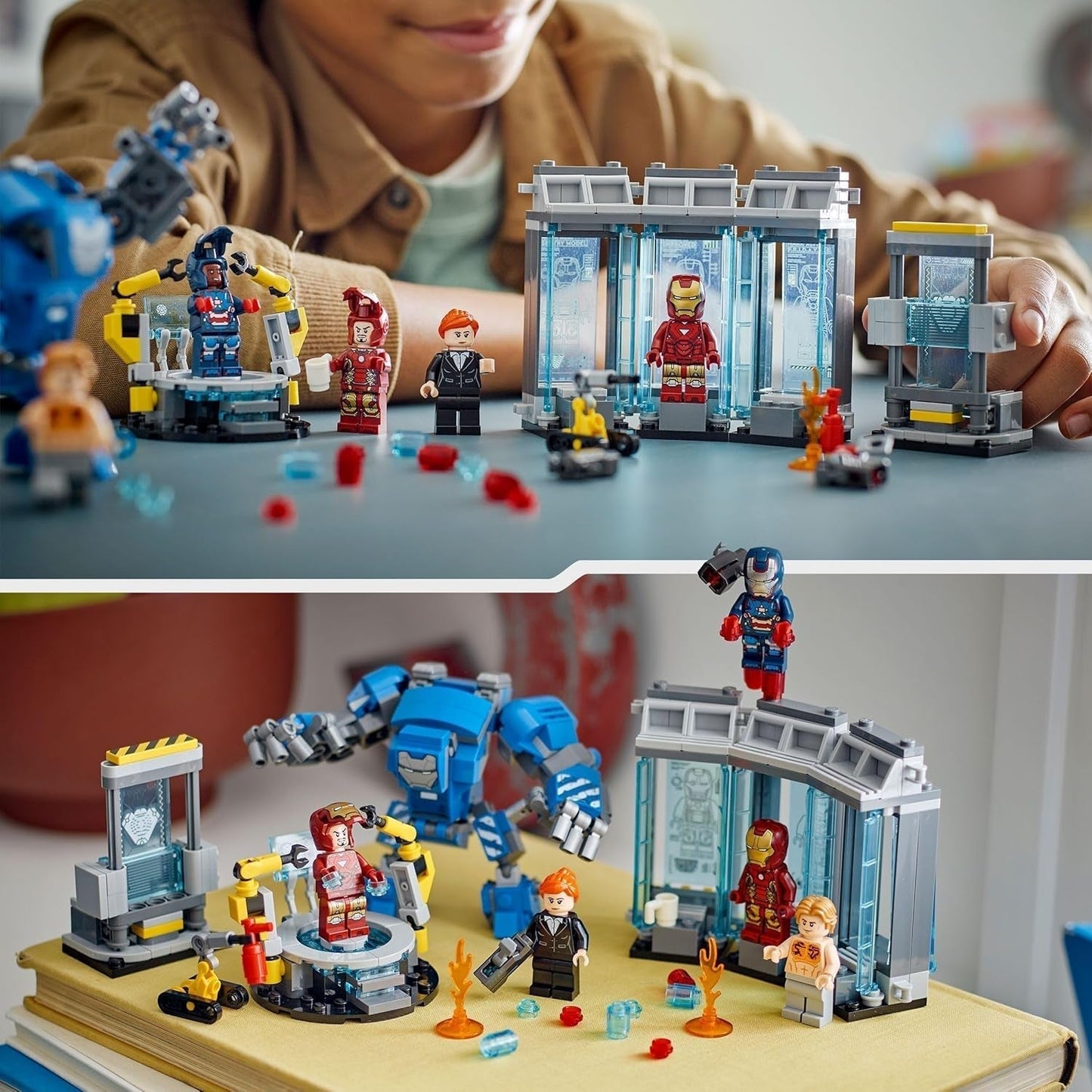 LEGO Marvel Laboratorio de Iron Man: Salón de la Armadura - Juguete de superhéroe con figura mecánica, 5 minifiguras, incluido Aldrich Killian - Regalo de los Vengadores para niños y niñas a partir de 8 años 76315 Juegos de construcción Beuche den LEGO-Store