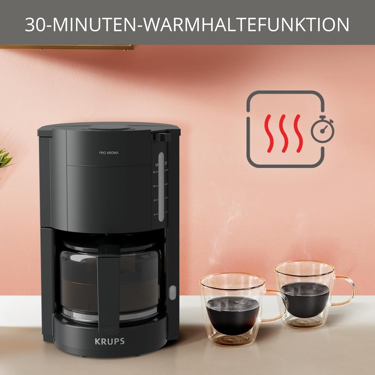 Krups F30908 ProAroma Cafetera espresso con filtro y jarra de cristal, capacidad 1,25 l, 10-15 tazas, 1050 W, negra