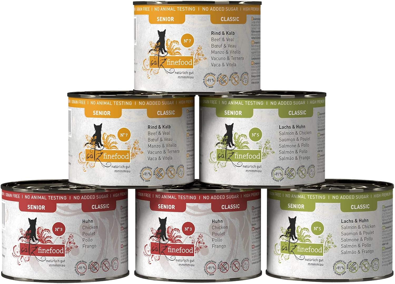 catz finefood Senior Collection Katzenfutter nass - Premium Nassfutter für Ihre Senior Katze - getreidefrei, ohne Zucker, hoher Fleischanteil, Vitamine & Mineralien (6 dosis de 200 g)