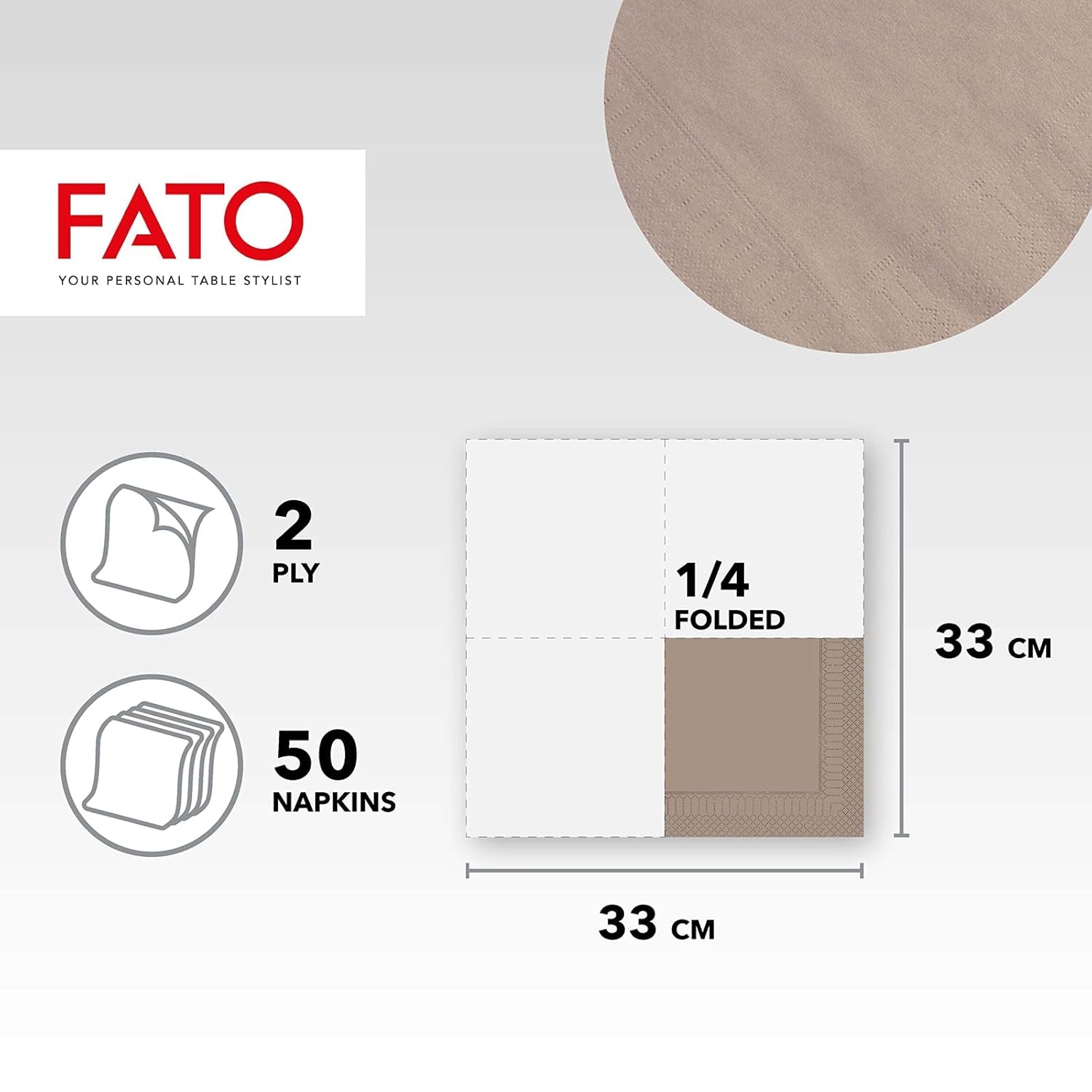 Fato, Servilletas de Papel Desechables, Ideales para Almuerzos Informales y Buffets, Paquete de 50 Servilletas, Tamaño 33X33, Plegadas en 4, 2 Capas, Tórtola, Papel de Celulosa 100% Pura, Certificado Fsc