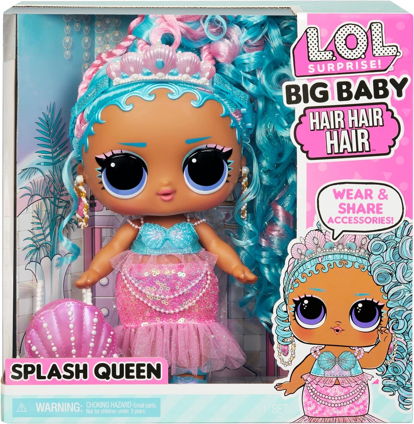 JAJAJA. ¡Sorpresa! Big Baby Hair Hair Hair – SPLASH QUEEN – 27,94 cm große Puppe mit 14 Überraschungen, Accessoires zum Teilen und echten Haaren – Für Kinder und Sammler ab 4 Jahren