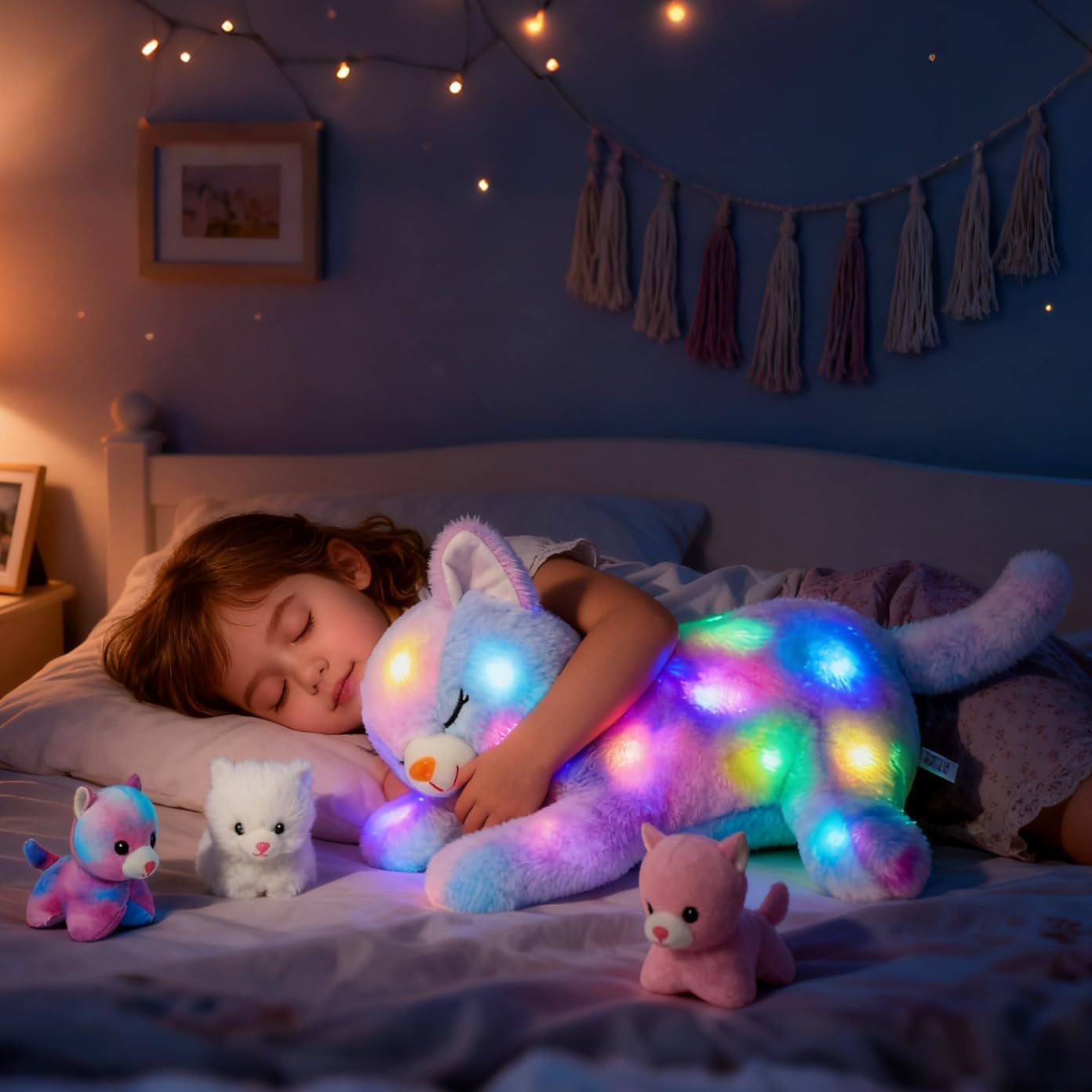 Gato de Peluche Musical LED, Juguete Que Canta con Luz, Madre Gata con 3 Gatitos en el Vientre, Canción de Cuna Animada, Juguete Relajante para Madres, Niños, Niñas, Arco Iris, 45 cm