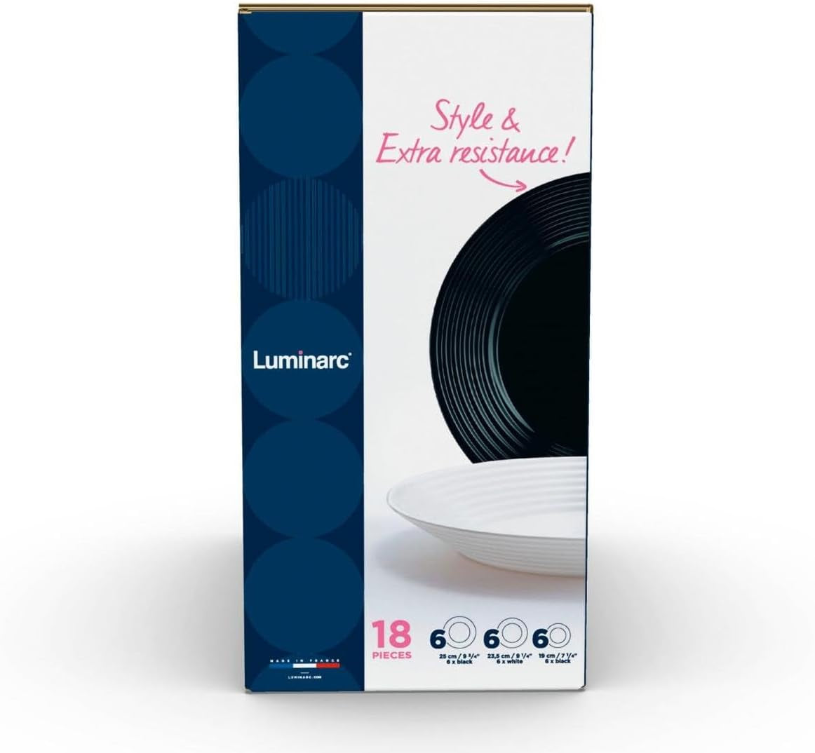 Harena N&b Glasgeschirr, 18 piezas, para 6 personas, blanco y negro