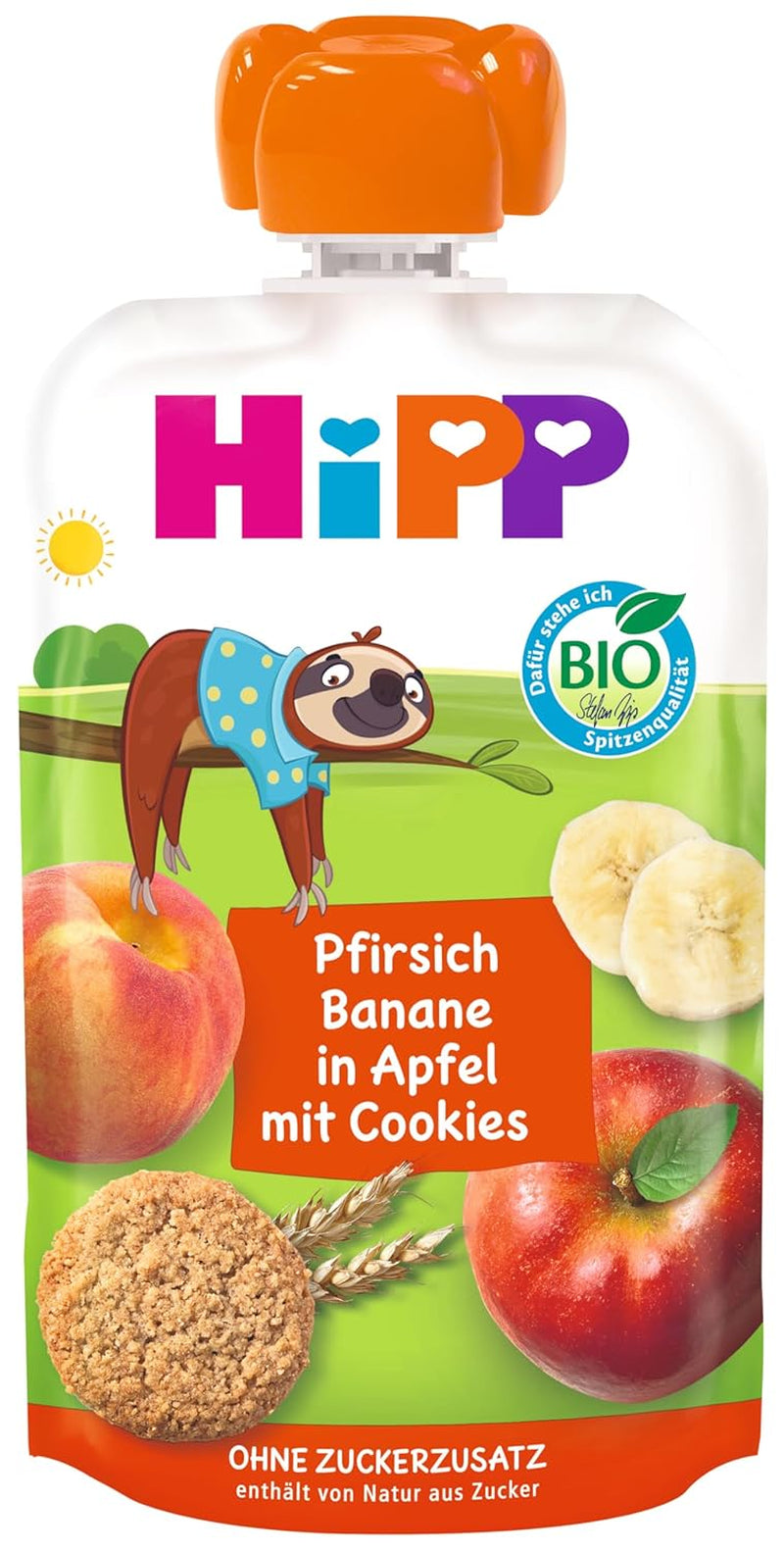 Bolsas exprimibles HiPP con melocotones y plátanos ecológicos en bolsas de manzanas y galletas - Felix the Lazy (8 x 100 g), a partir de 1 año, fruta con cereales, sin azúcar añadido, la mejor calidad ecológica