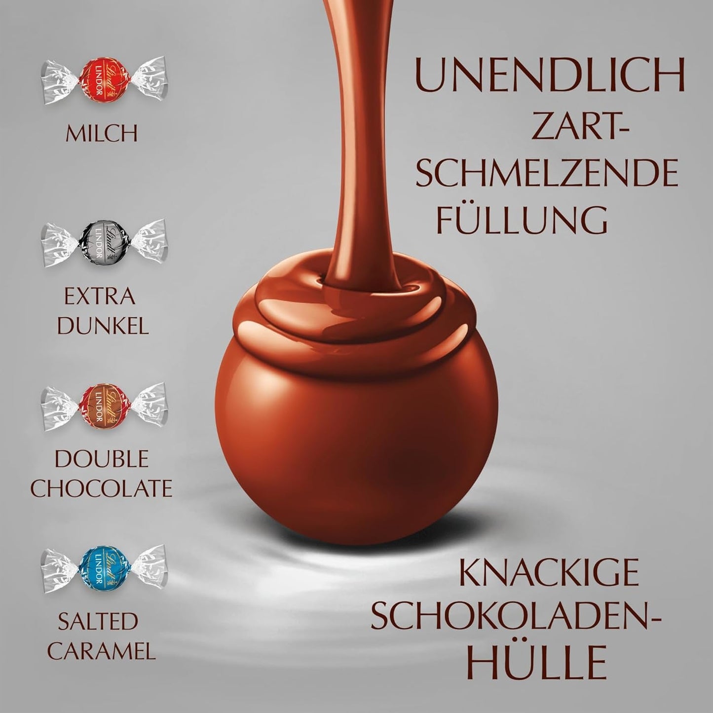 Chocolate Lindt | Bolso surtido LINDOR plata | Bolsa de 1kg | 80 bolitas de chocolate con leche que se deshacen en la boca, 70%, sabores de caramelo salado y doble chocolate | Regalo de chocolate para compartir