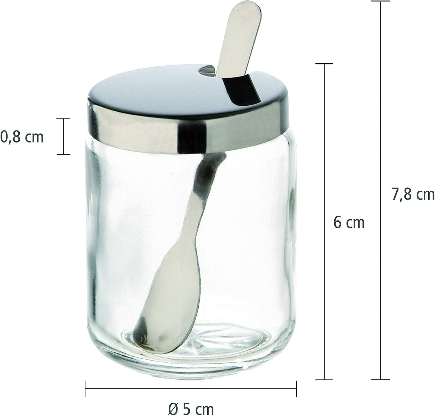 APS 40415 Olla para mostaza, juego de 2 unidades, Ø 5 cm cada una, A: 6 cm, vidrio, acero inoxidable, incl. cuchara y tapa