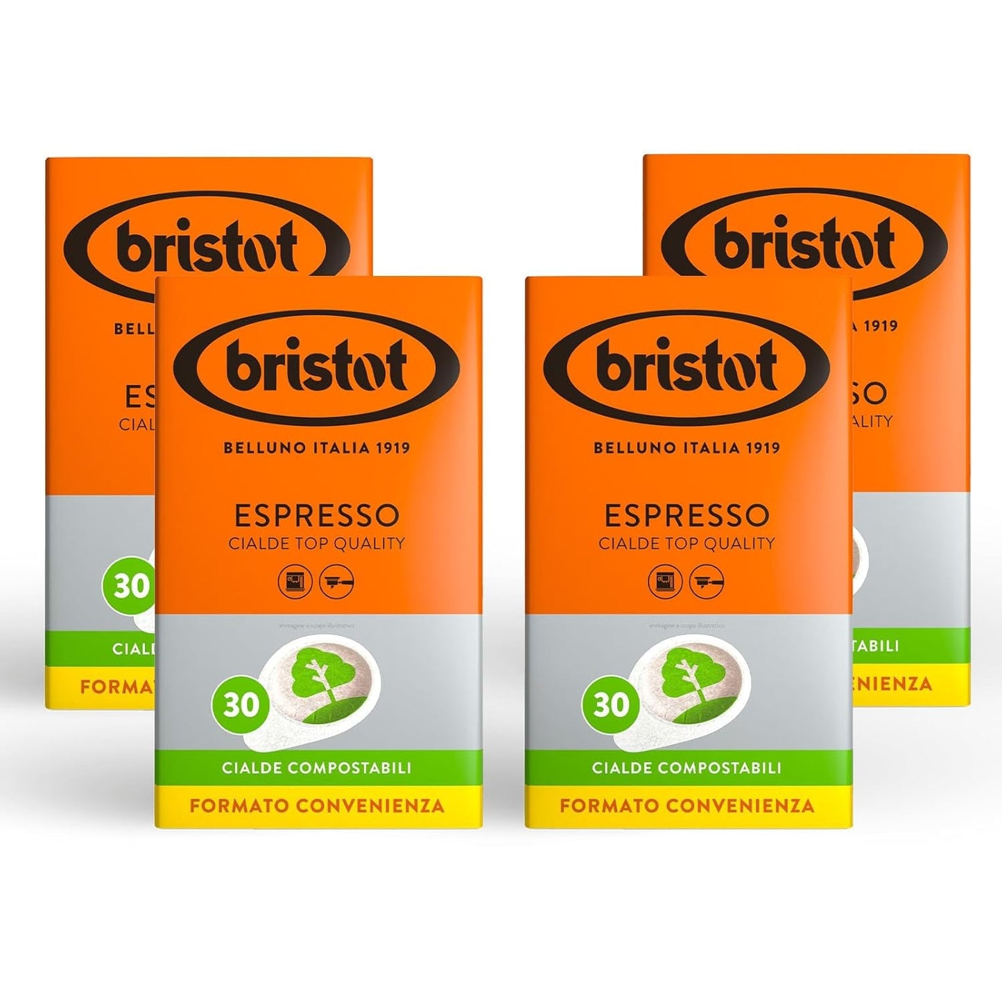Bristot, 120 Espresso-Kaffeekapseln – eine Mischungen aus Arábica-Kaffee aus Brasilien und Zentralamerika, mit Noten von Zartbitterschokolade, Haselnuss und Caramell – 4 Packungen mit je 30 Kapseln