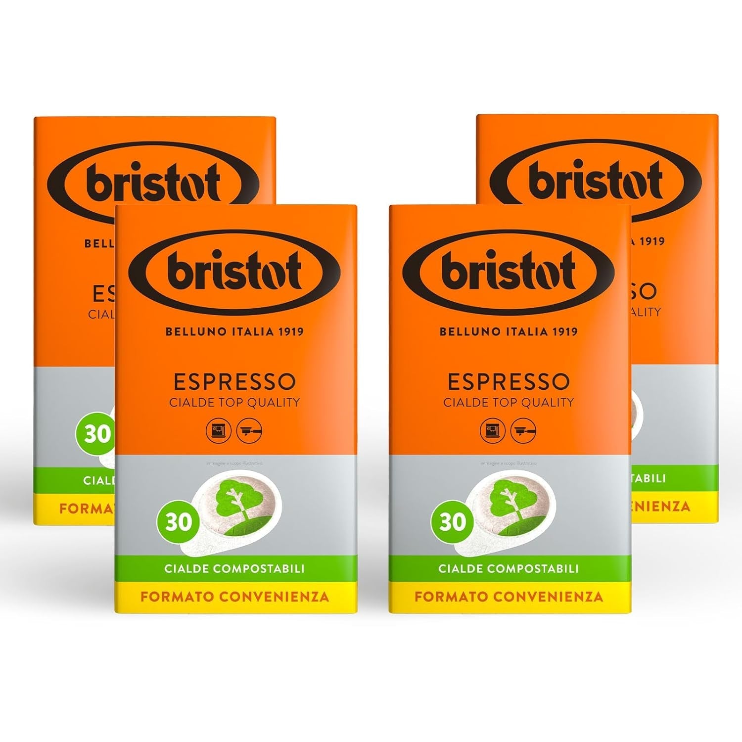 Bristot, 120 Espresso-Kaffeekapseln – eine Mischungen aus Arábica-Kaffee aus Brasilien und Zentralamerika, mit Noten von Zartbitterschokolade, Haselnuss und Caramell – 4 Packungen mit je 30 Kapseln