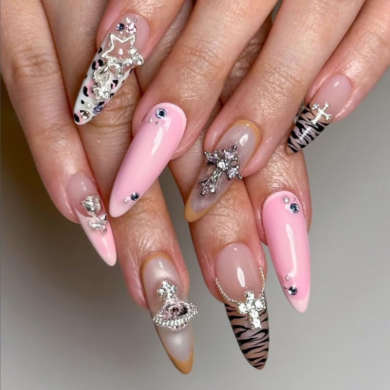 Mouyouglow-uñas largas Stiletto, color blanco lechoso, degradado, purpurina rosa, uñas postizas frescas con pegamento, uñas artificiales con purpurina rosa ombré