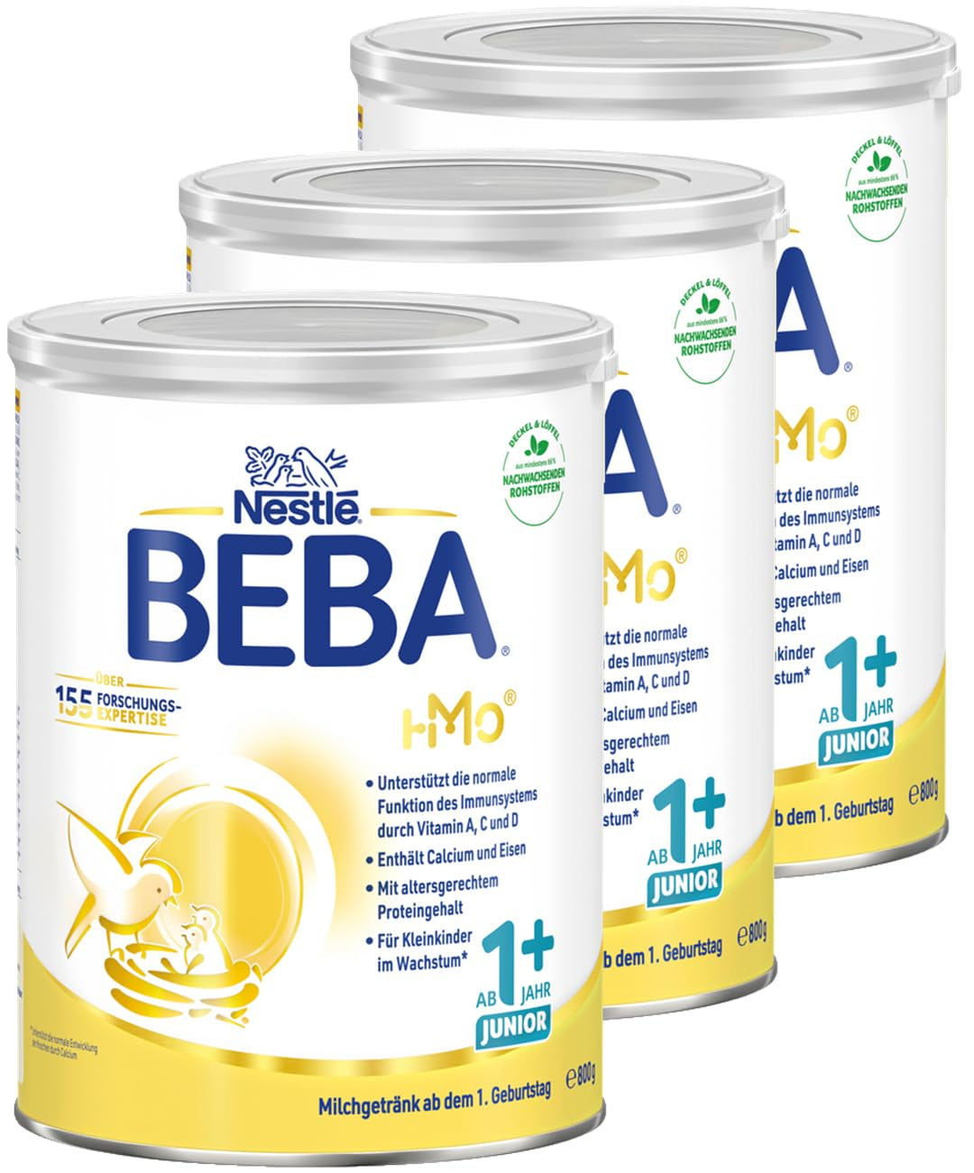 BEBA Junior 1+ bebida láctea a partir de 1 año, Con HMO, Contenido de proteínas apropiado para la edad, Solo lactosa, Sin aceite de palma, Sin aceite de pescado, Comida para niños pequeños, Leche en polvo para bebés, Paquete de 3 (3 x 800 g)