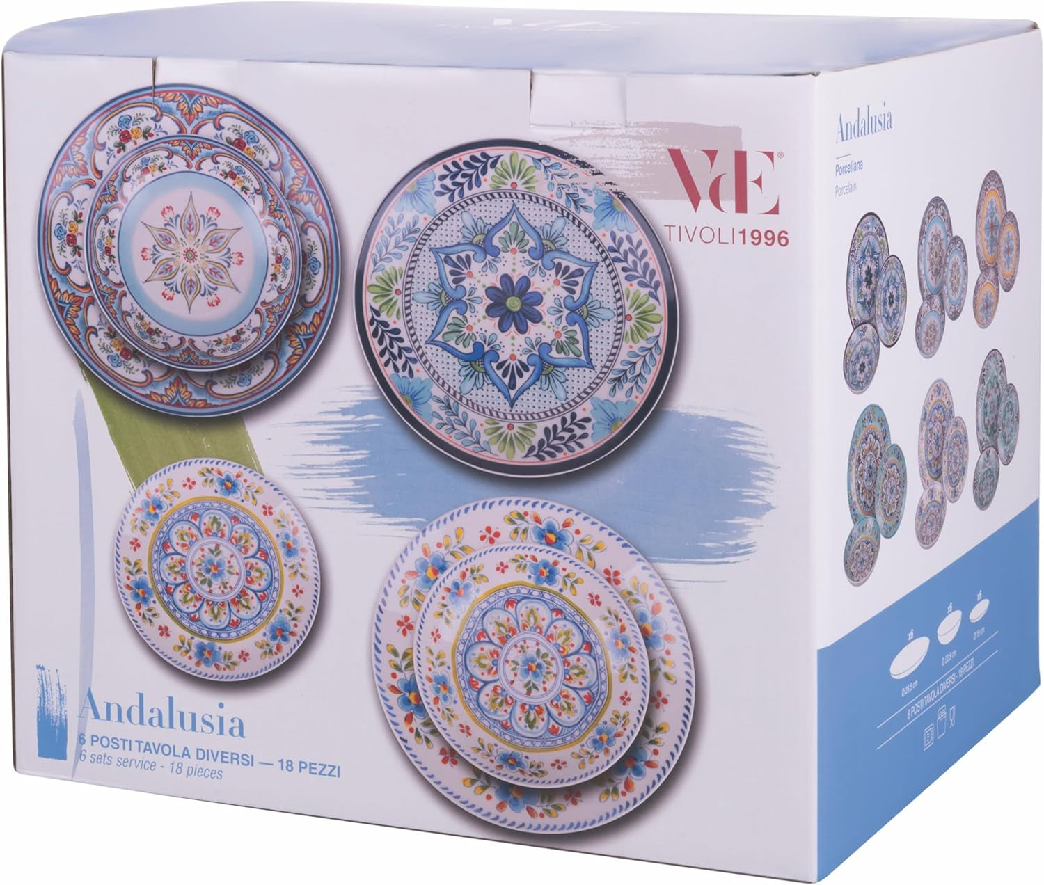 Vajilla de porcelana de 18 piezas, 6 juegos de platos diferentes, Andalucía