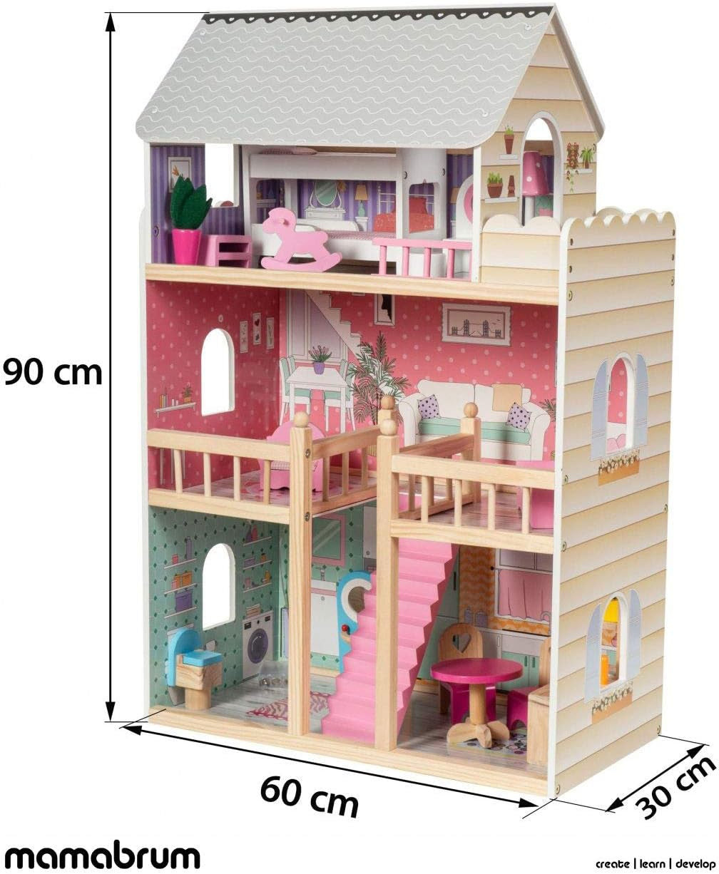 A405 Casa de Muñecas con Luz LED - Juego de 3 Pisos y Muebles - Casa de Juegos de Madera Incluye Accesorios: Cocina, Baño, Dormitorio - Regalo para Niñas de 3 años en adelante Casas de Muñecas Naty Shop