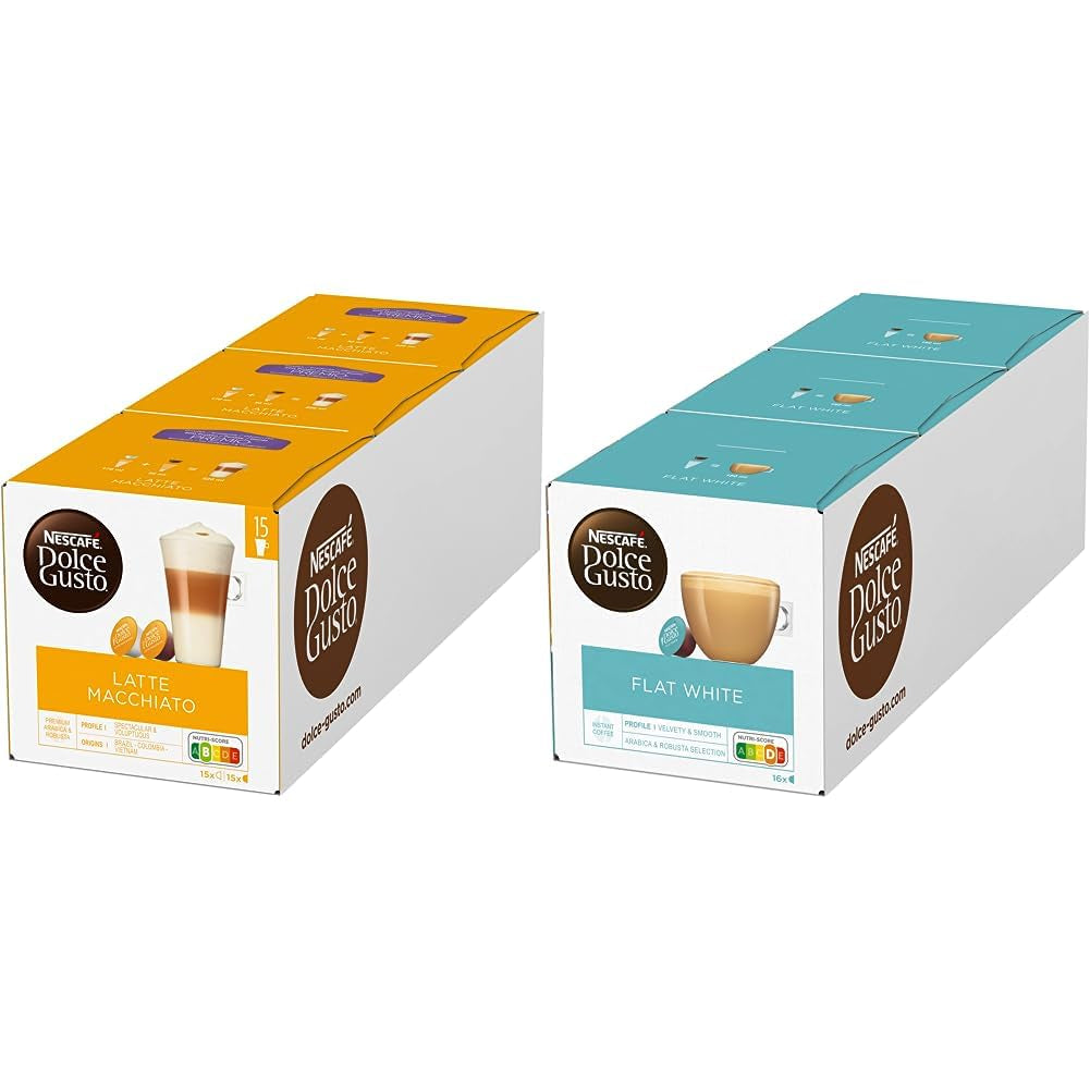 NESCAFÉ Dolce Gusto Latte Macchiato Vorratsbox 90 cápsulas de café y Flat White, 48 cápsulas de café, Arábica y Robusta Bohnen