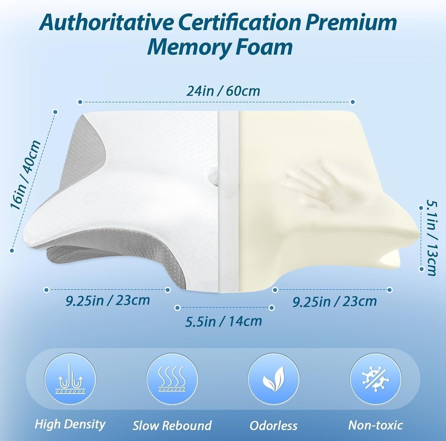 HOMCA Almohada Cervical Almohada Ortopédica de Espuma con Memoria Almohada de Soporte para el Cuello 2 en 1 con Funda de Enfriamiento 3D Almohada Ergonómica para Dormir para Dormir boca arriba, de lado y boca abajo Gris 60X13/11X40cm Almohadas Ortopédicas Cervicales Naty Shop