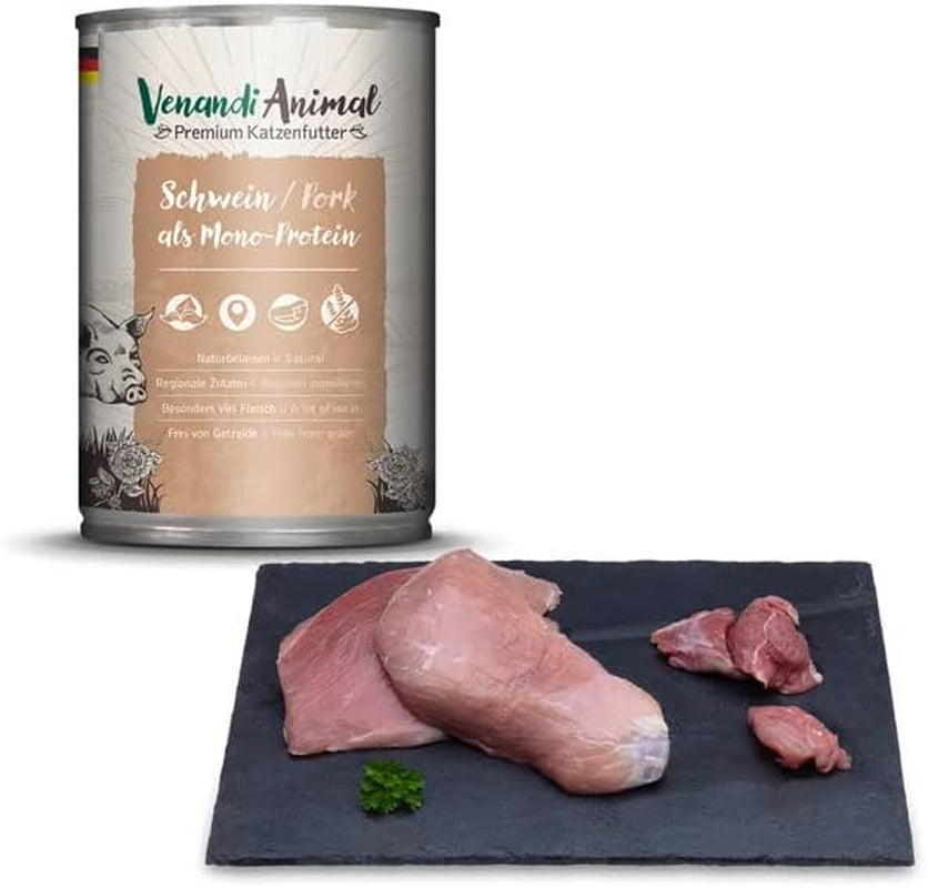 Venandi - Comida húmeda premium para gatos - Carne de cerdo como proteína única, 6 x 400 g (paquete de 6), sin cereales y con carne adicional