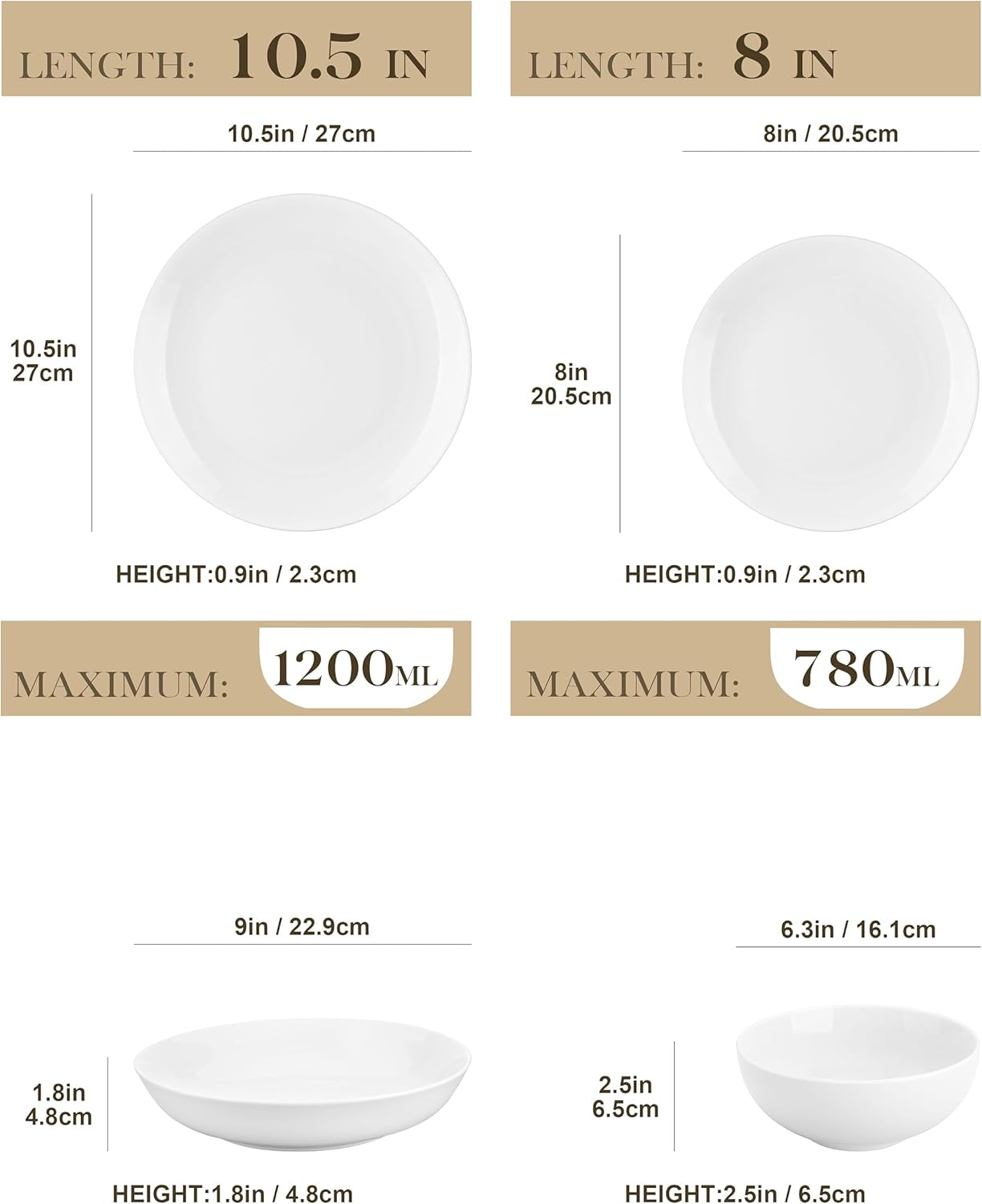MALACASA Vajilla para 12 Personas, Vajilla Moderna de Porcelana Amelia de 48 Piezas, Servicio de Mesa con 12 Platos Llanos, Platos de Postre, Platos Suma y Cuencos de Cereal, Vajilla Moderna para 12 Personas - Blanco
