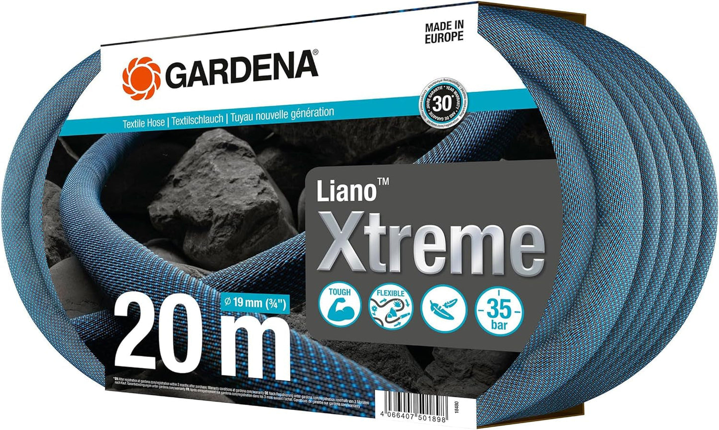 Gardena Liano Xtreme juego de 3/4 pulgadas, 20 m: manguera de jardín textil extremadamente robusta con manguera interior de PVC ligera y resistente a la intemperie (18480-20)